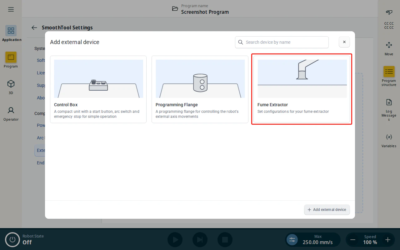 Add external device — Fume Extractor tile
