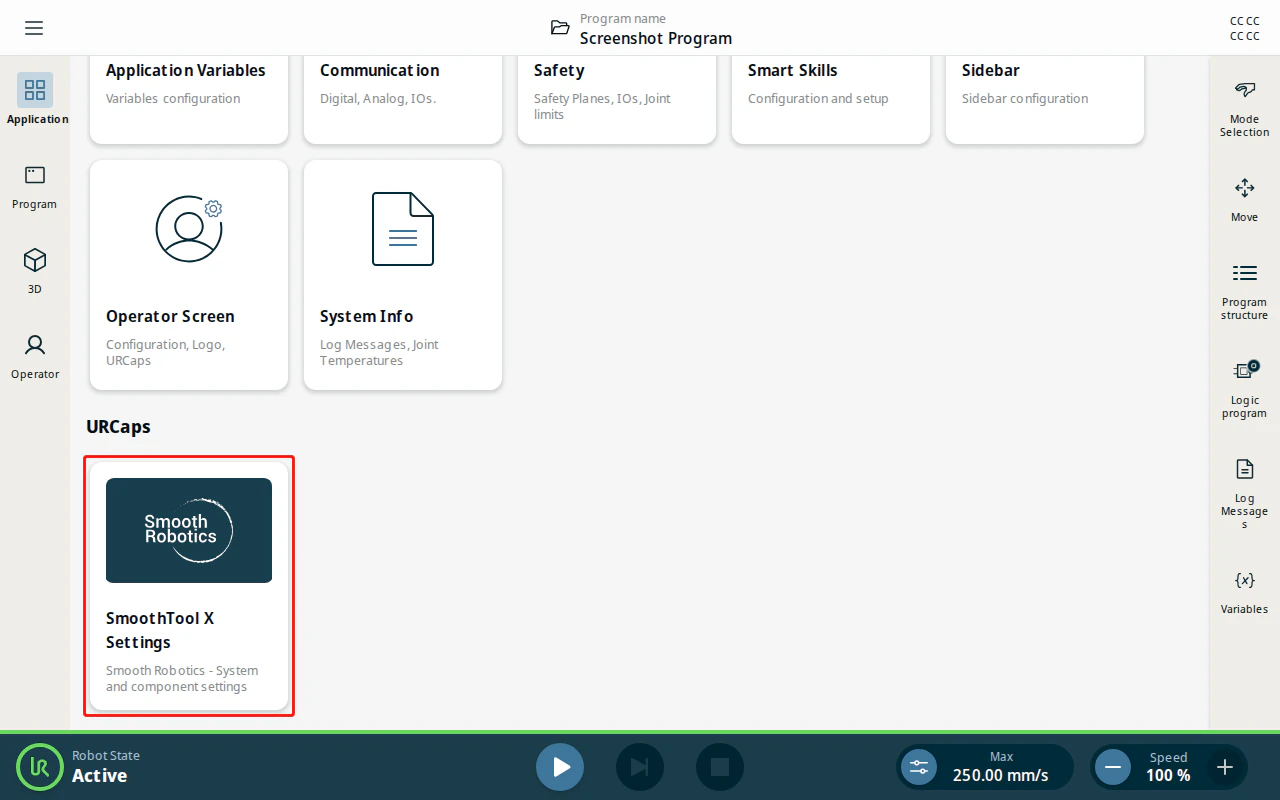 Application view showing SmoothTool X Settings