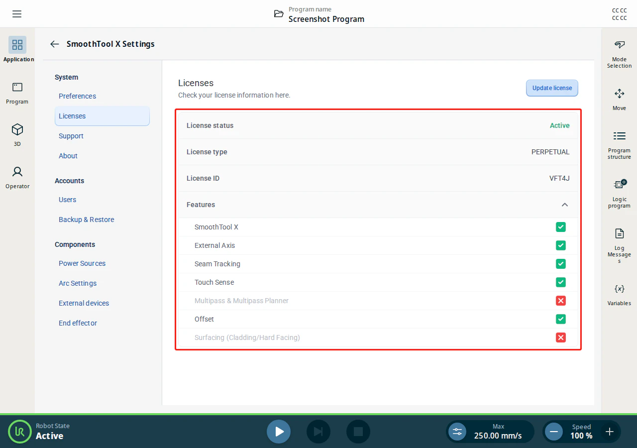 License info showing active license and features