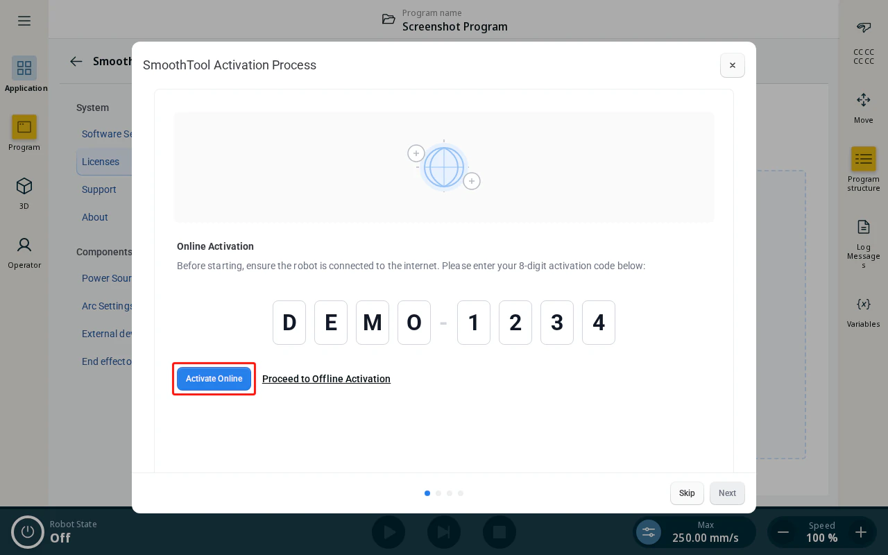 Online activation — entering the activation code