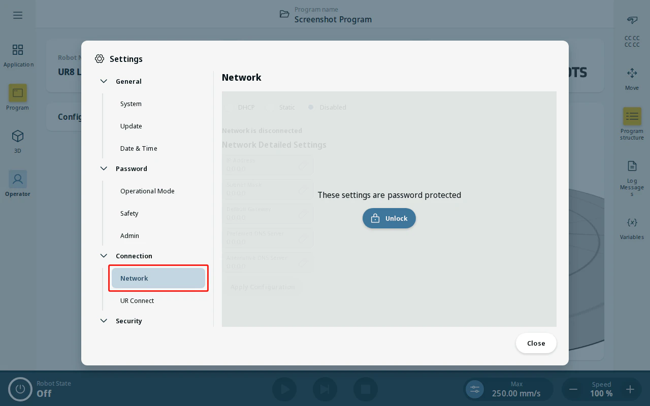 Settings — Connection → Network