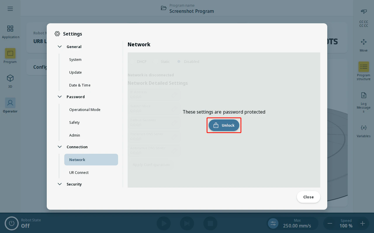 Network settings — Unlock button
