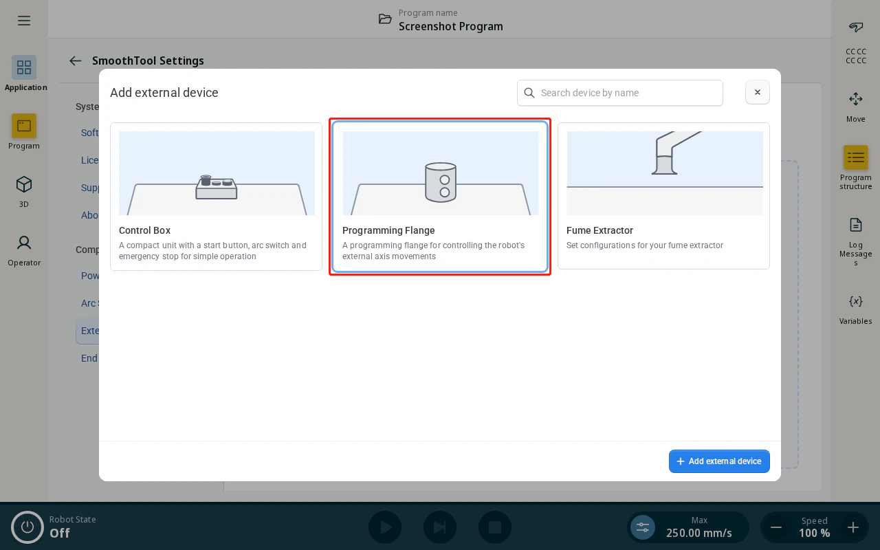 Add external device — select Programming Flange