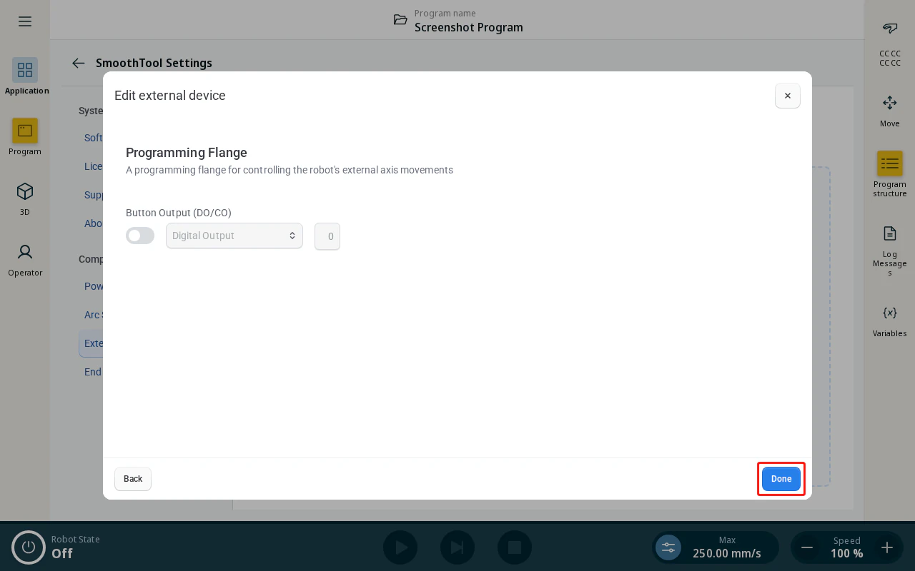 Programming Flange settings — tap Done