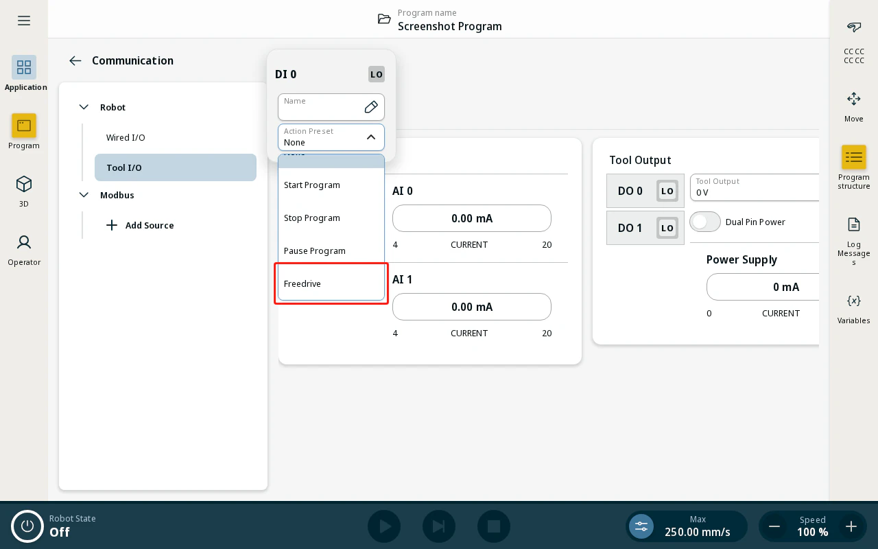 DI 0 Action Preset showing Freedrive