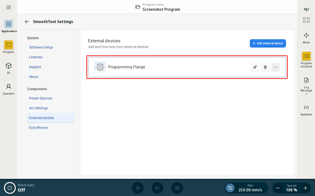 External devices — Programming Flange configured and active