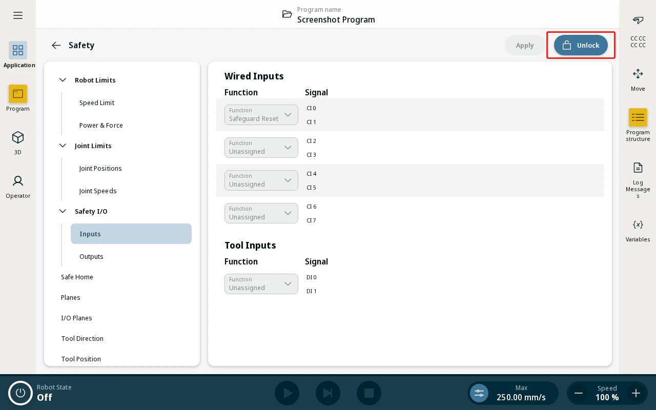 Safety I/O Tool Inputs — tap Unlock