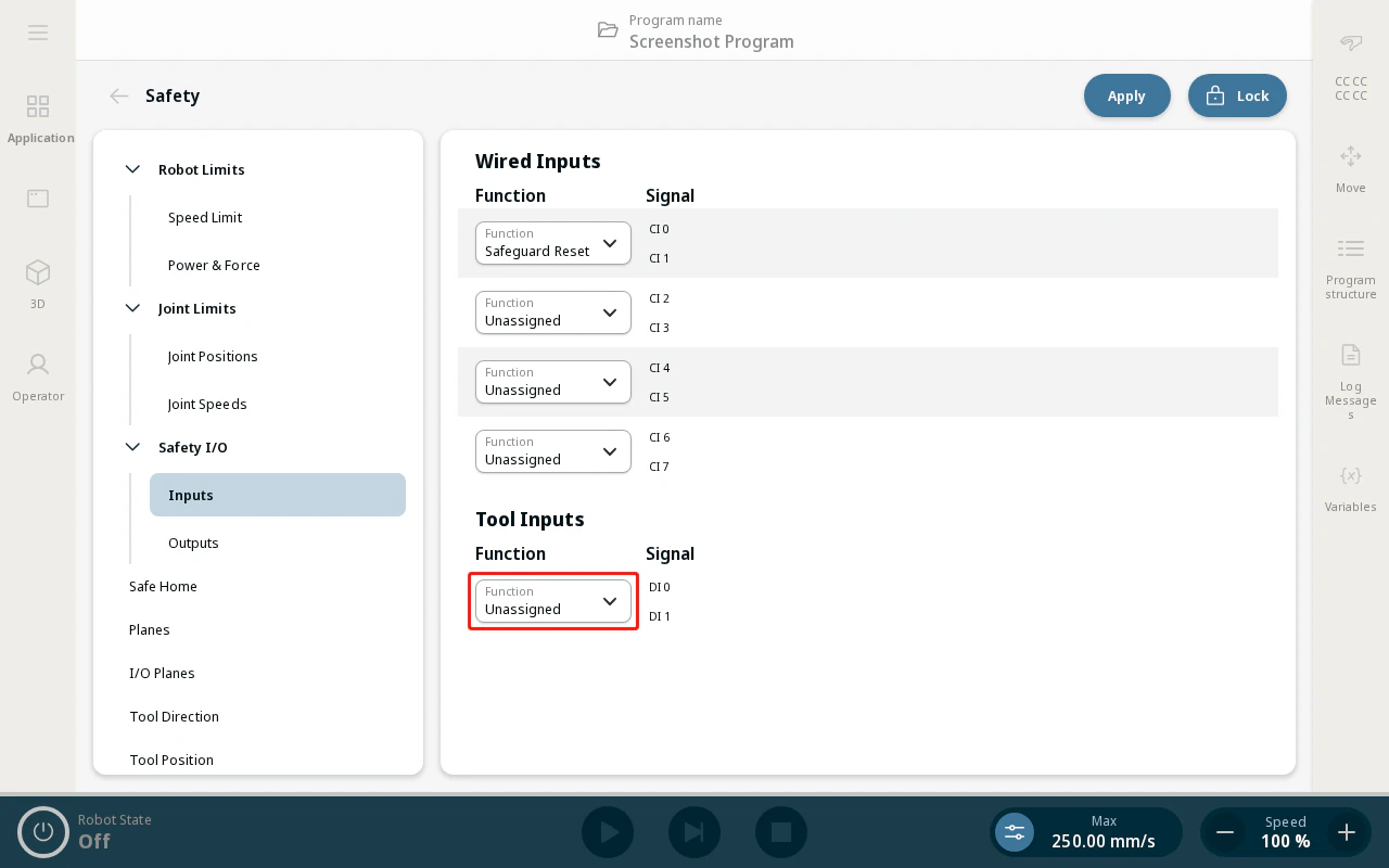 Safety I/O Tool Inputs unlocked — tap the Function dropdown for DI 0 / DI 1