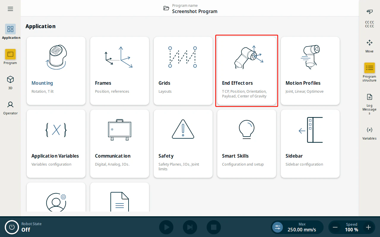 Application page — End Effectors tile