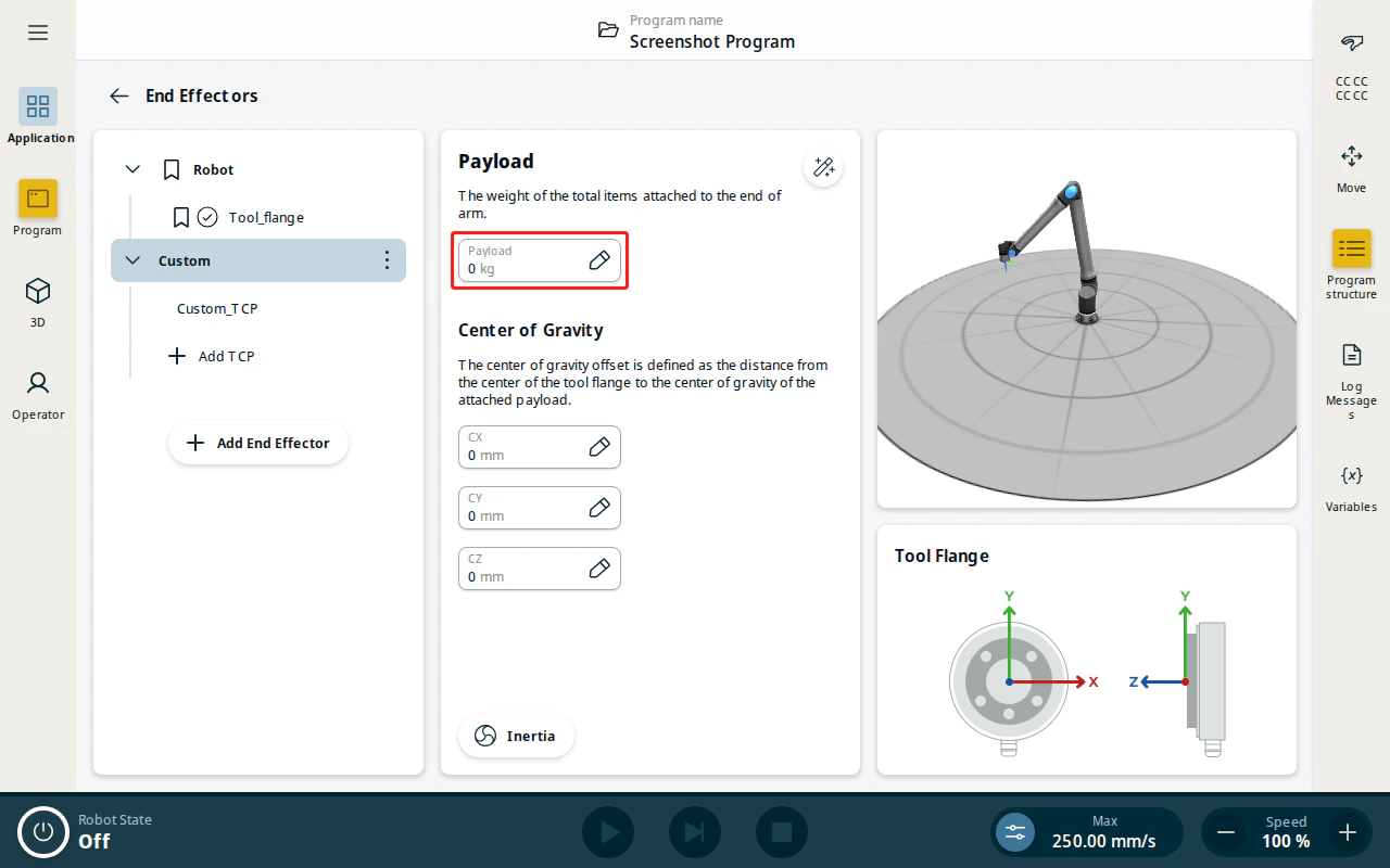 End Effectors — Payload mass and center of gravity