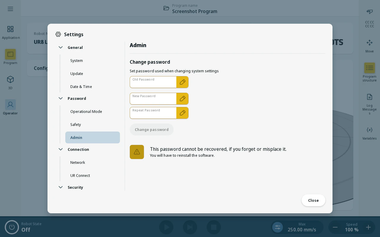 Admin page — Change Password button