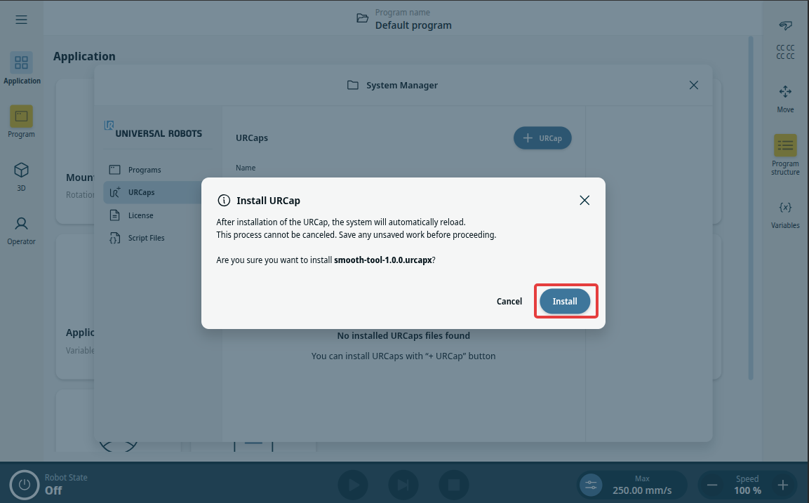 Install URCap confirmation dialog