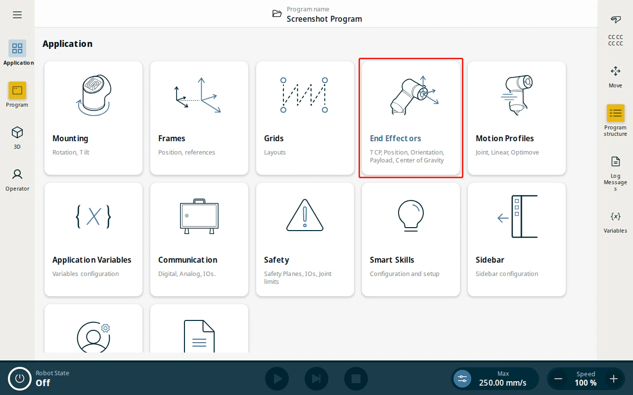 Application page — End Effectors tile