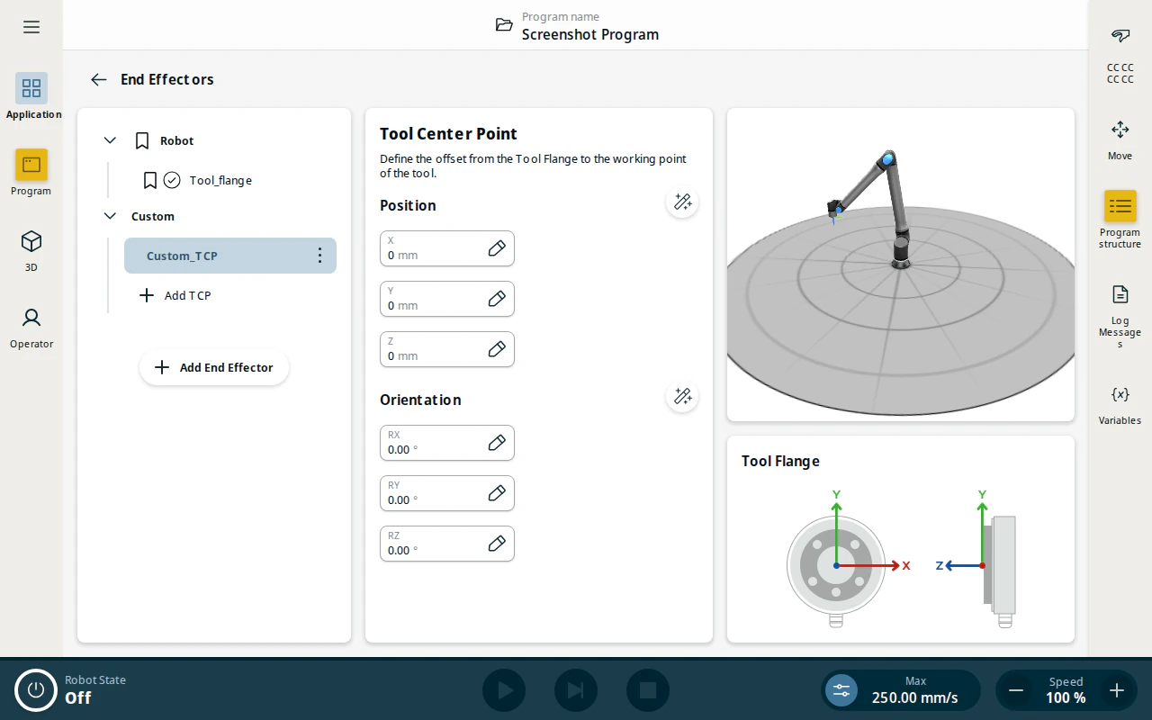 End Effectors — Custom_TCP selected, pose fields