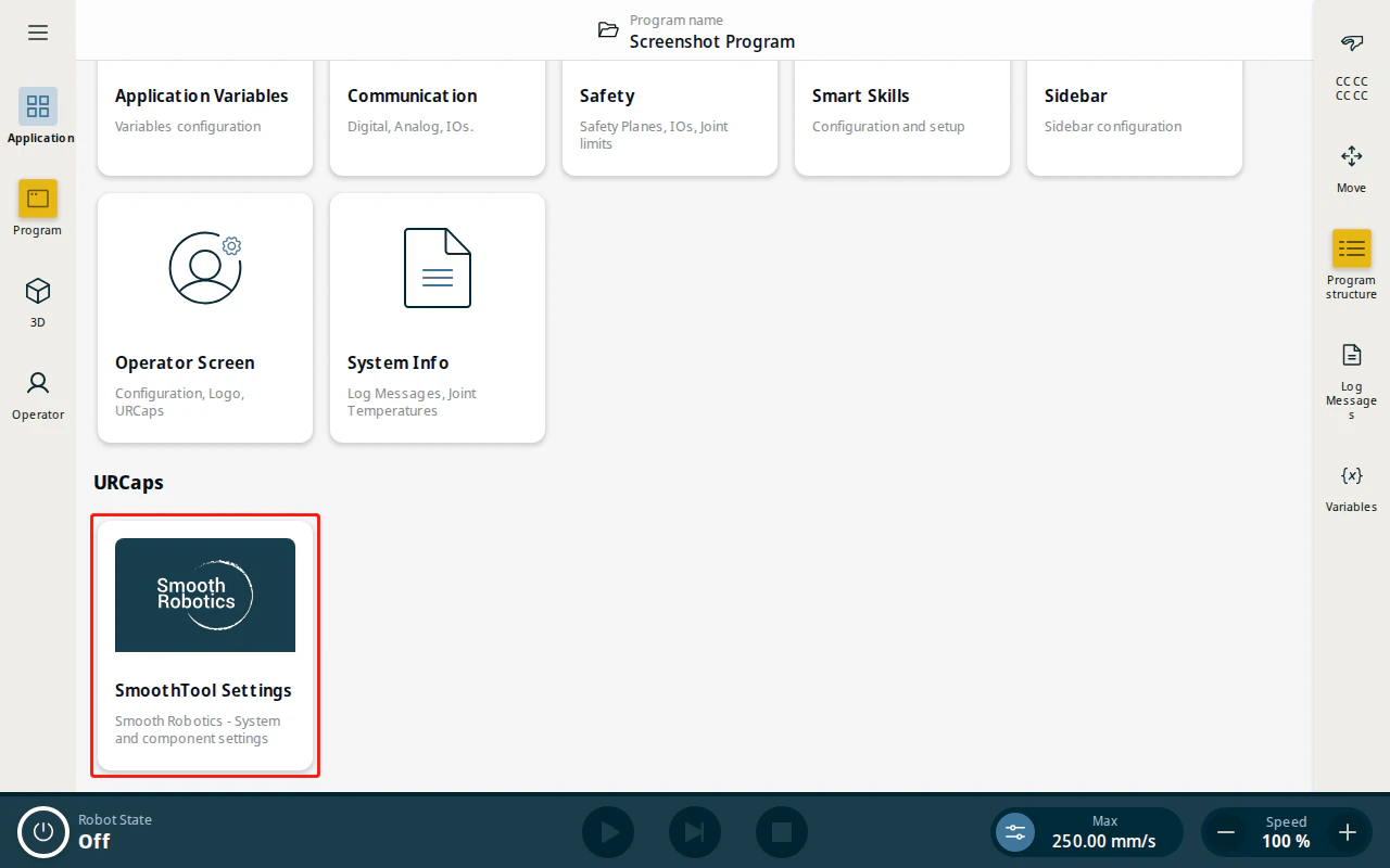 Application page — SmoothTool X Settings tile
