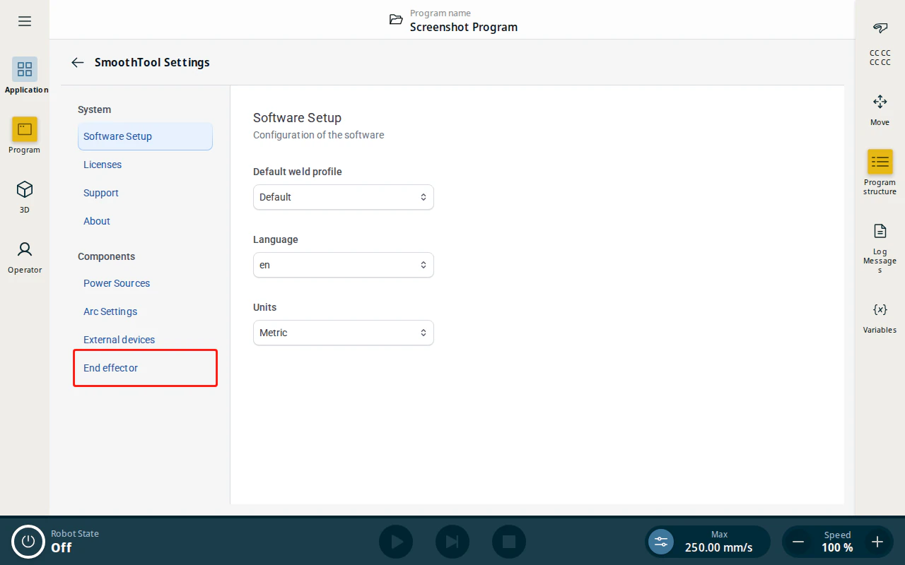 SmoothTool X Settings — End effector tab