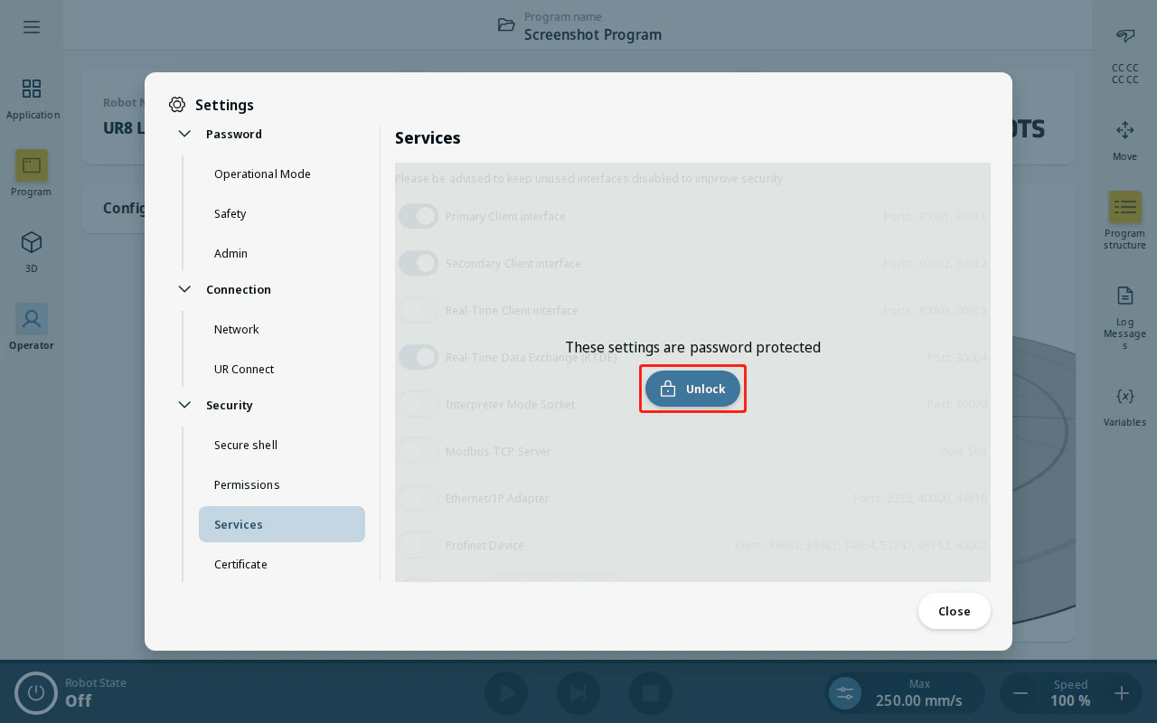 Settings — Security → Services
