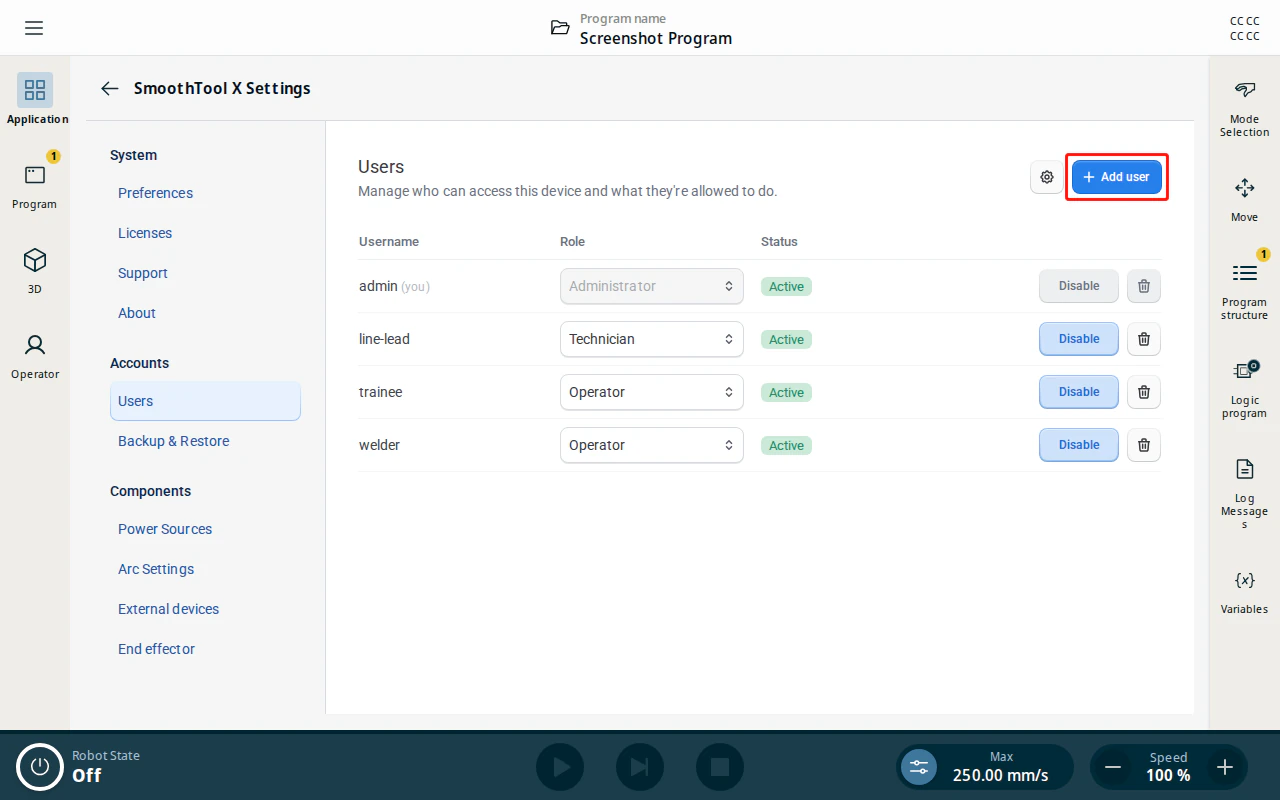 Users page — Add user button