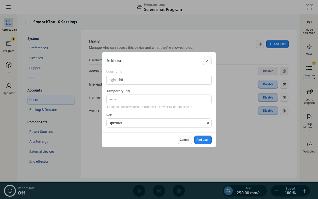 Add user dialog — username, temporary PIN and role