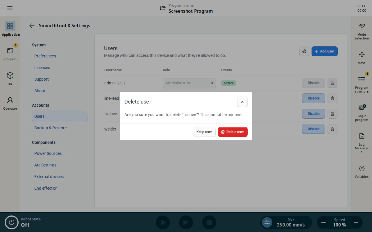 Delete user confirmation dialog
