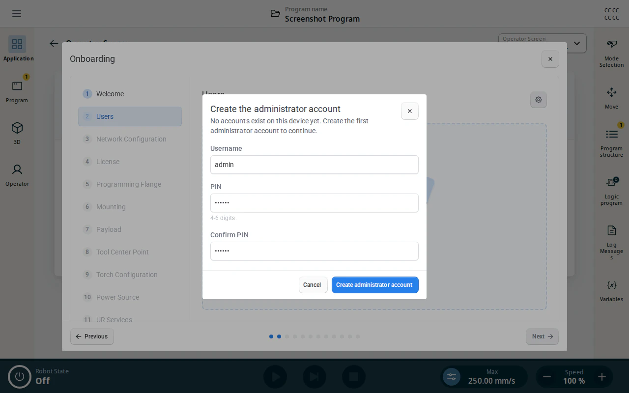 Create the administrator account dialog