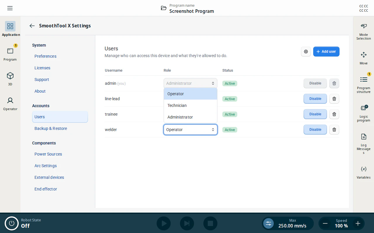 Changing an account's role from the Users page