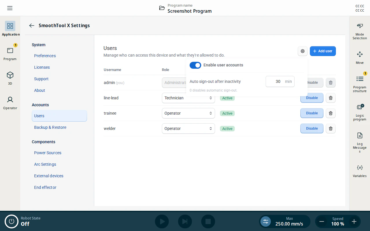 Users page settings — Enable user accounts and Auto sign-out after inactivity