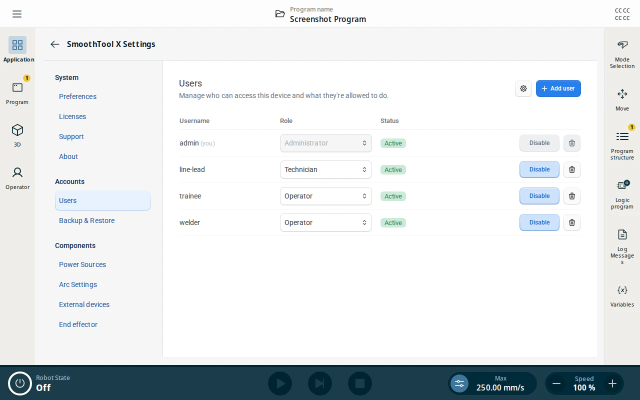 Users page listing the accounts on the device