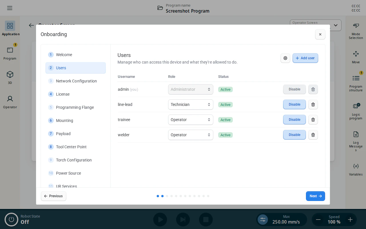 Onboarding wizard — Users step listing the accounts
