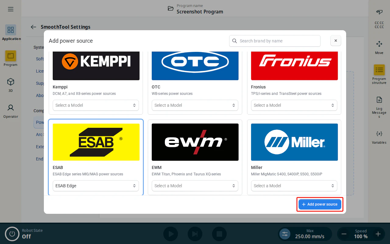 Add power source dialog — ESAB Edge selected
