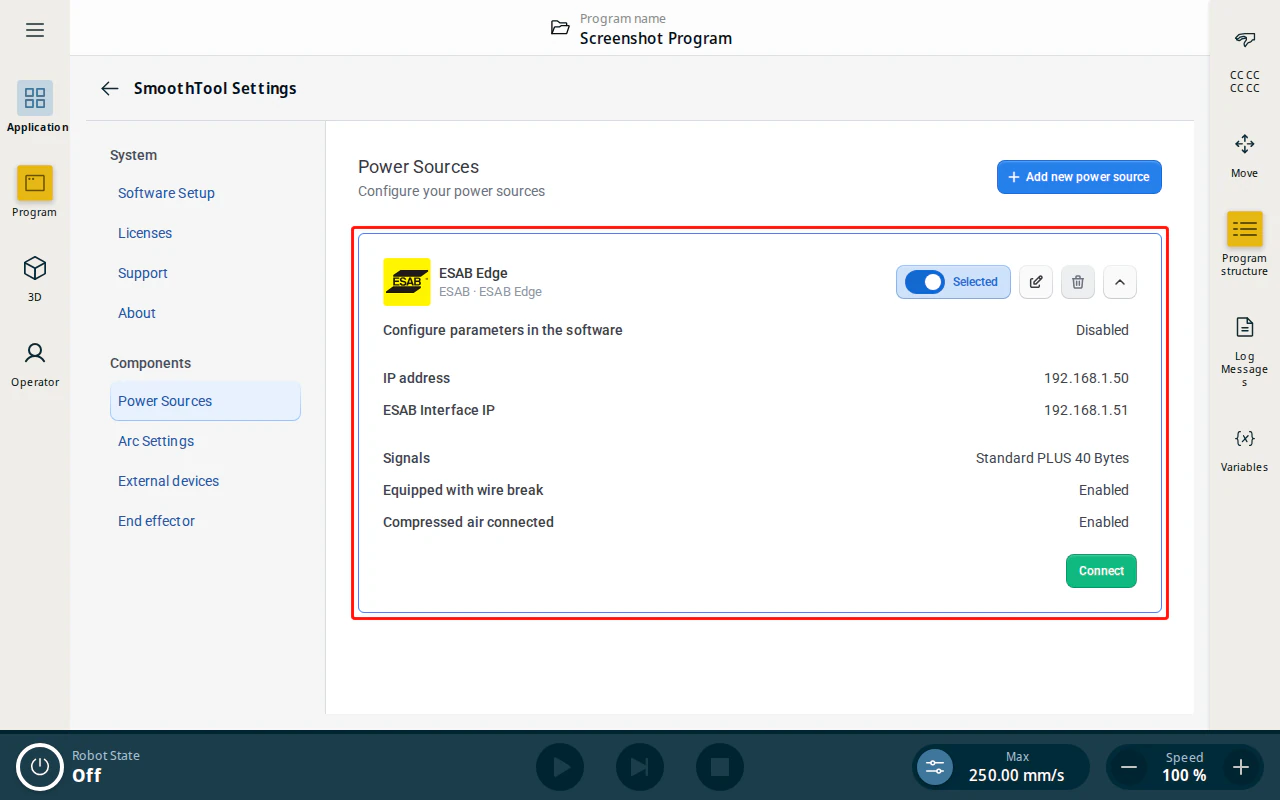 Configured ESAB Edge power source entry