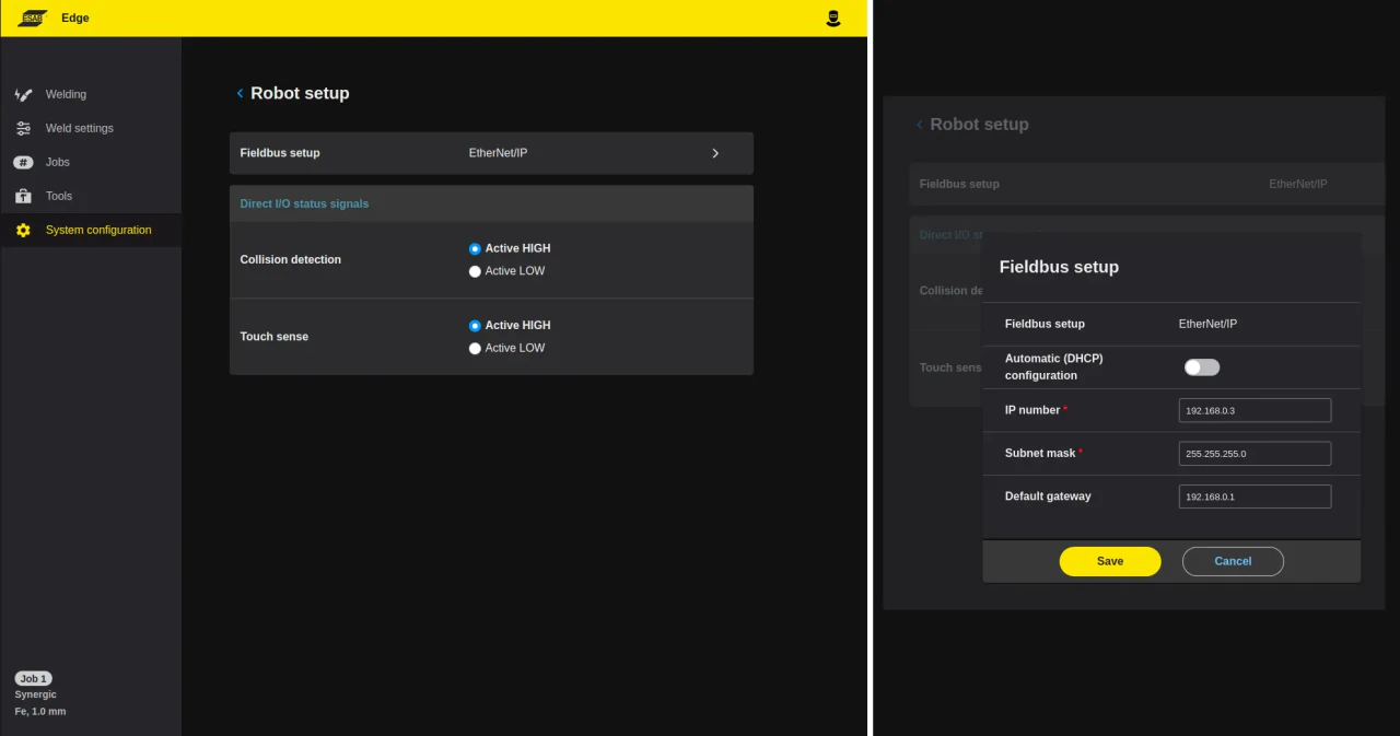 ESAB web interface — EtherNet/IP settings