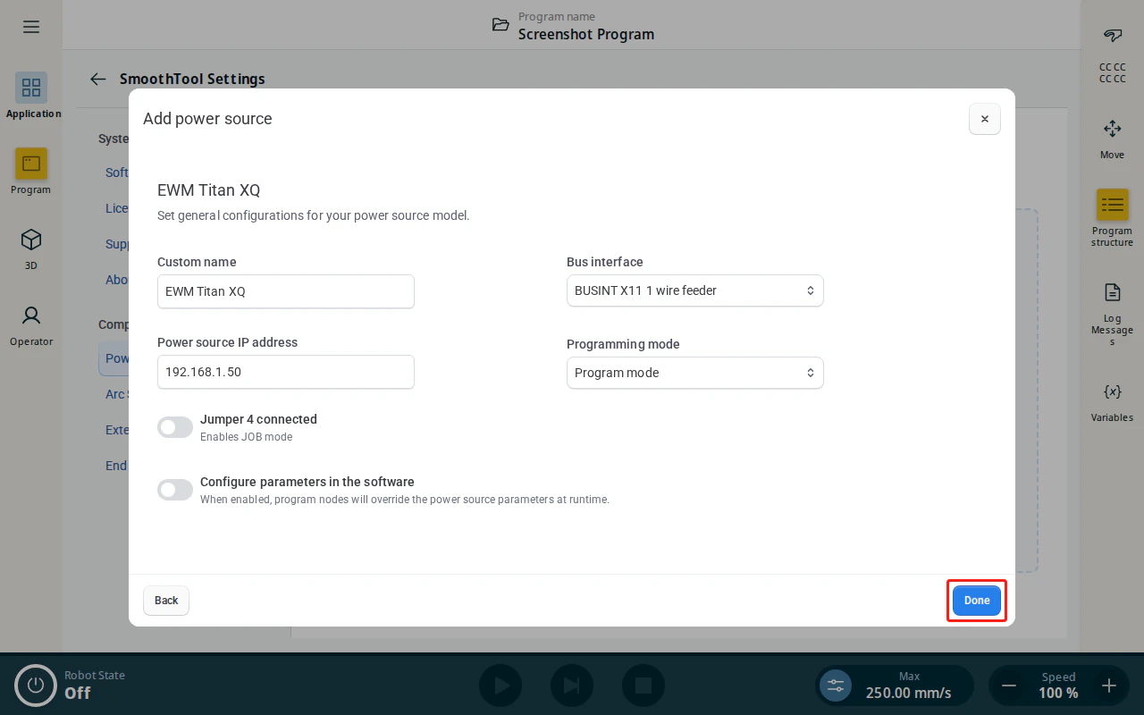 EWM power source configuration page