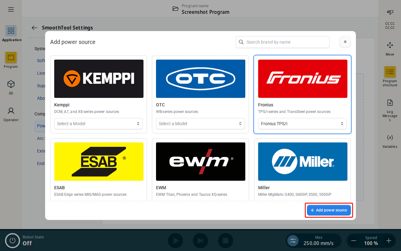 Add power source dialog — Fronius TPS/i selected