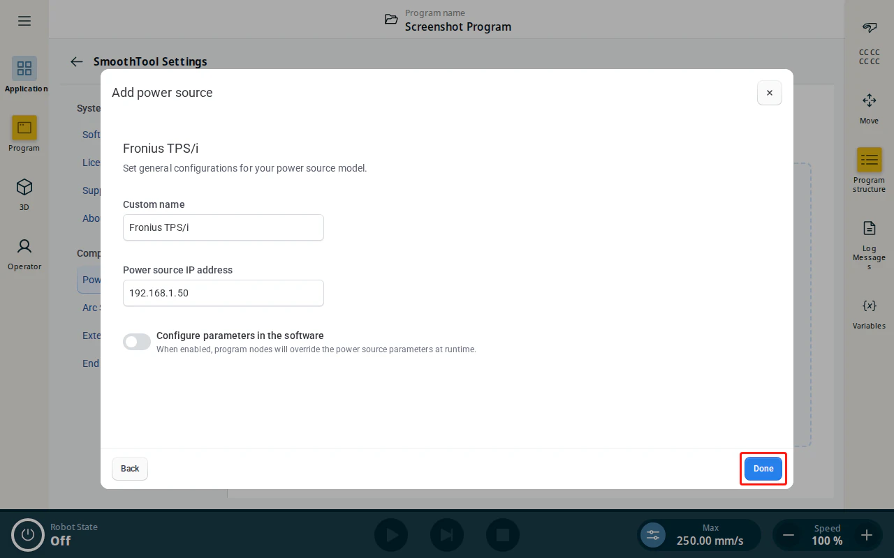 Fronius TPS/i configuration page
