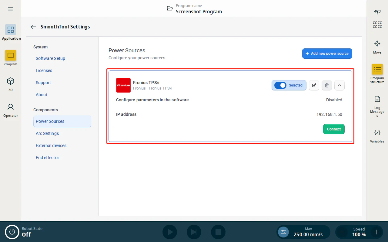 Configured Fronius TPS/i power source entry