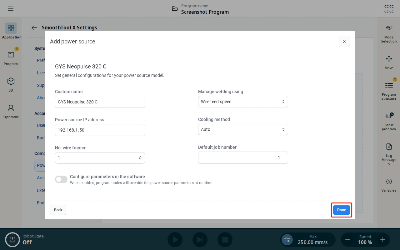 GYS Neopulse power source configuration page