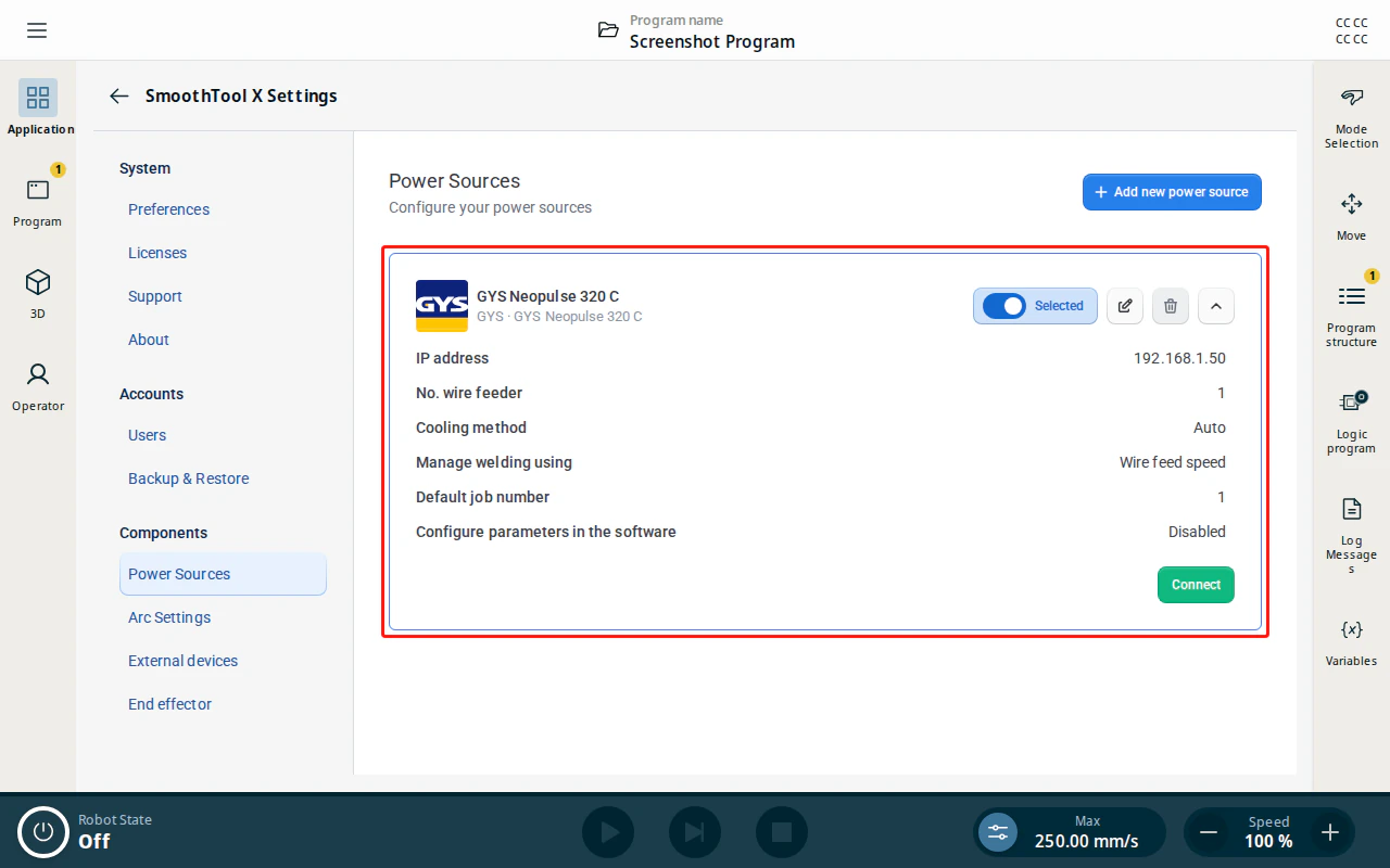 Configured GYS Neopulse power source entry