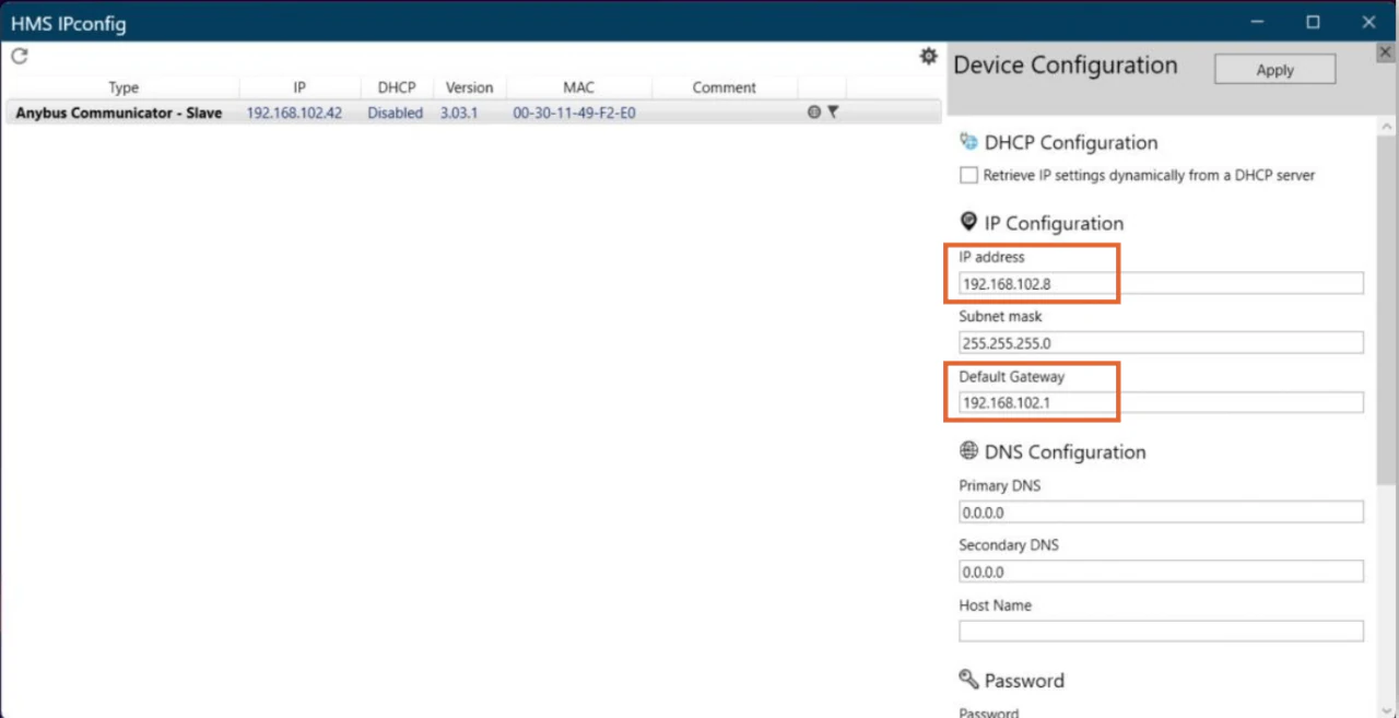 HMS IPconfig with the device's IP address and default gateway highlighted
