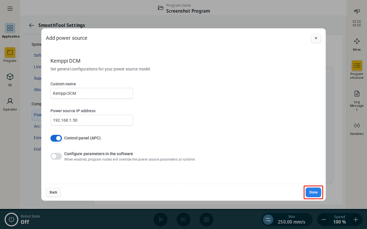 Kemppi X5/MasterM (DCM) configuration page