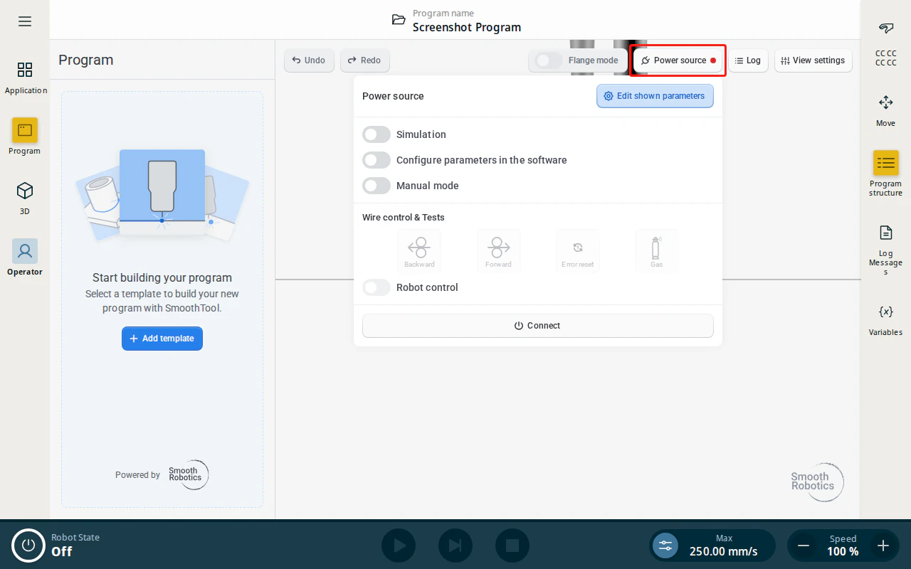 Power source popover showing the manual wire-control and test functions
