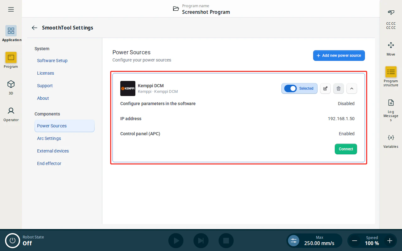 Configured Kemppi X5/MasterM (DCM) power source entry