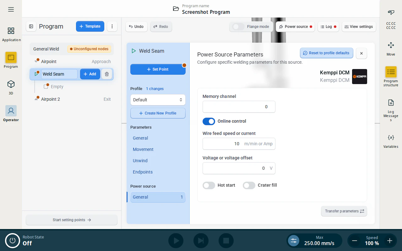 Power Source Parameters node for Kemppi X5/MasterM (DCM) with Online control enabled