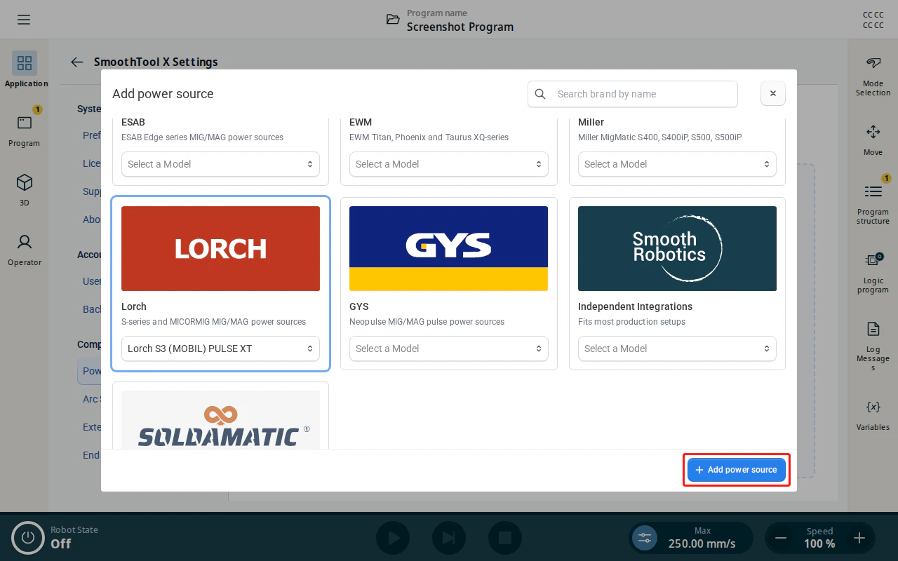 Add power source dialog — Lorch model selected