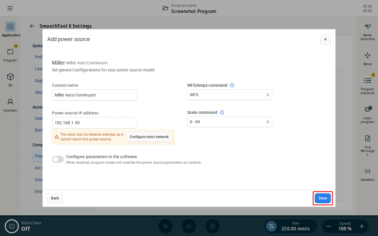 Miller Auto Continuum configuration page