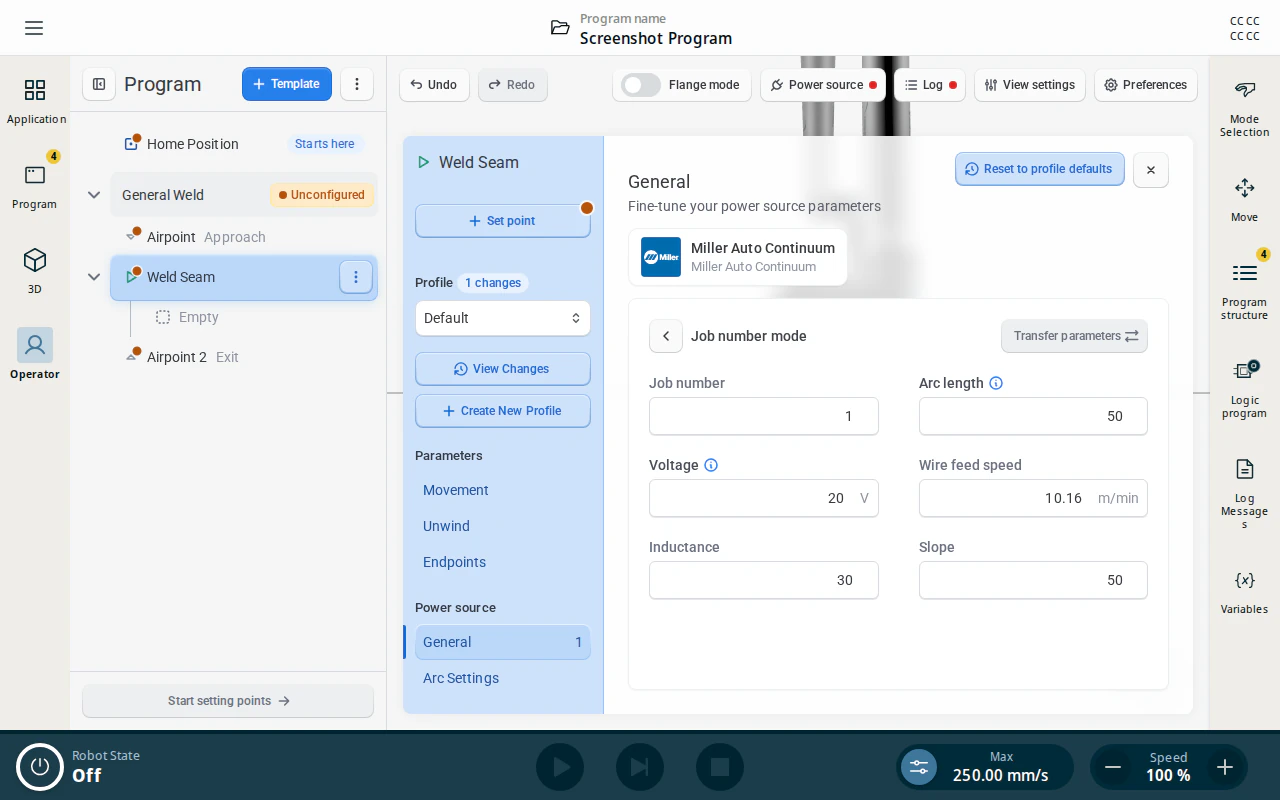 Miller Auto Continuum — Job number mode parameters