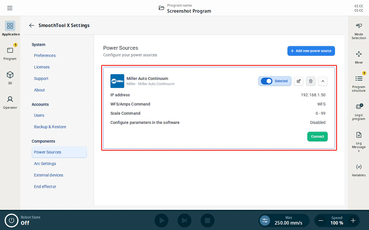 Configured Miller Auto Continuum power source entry