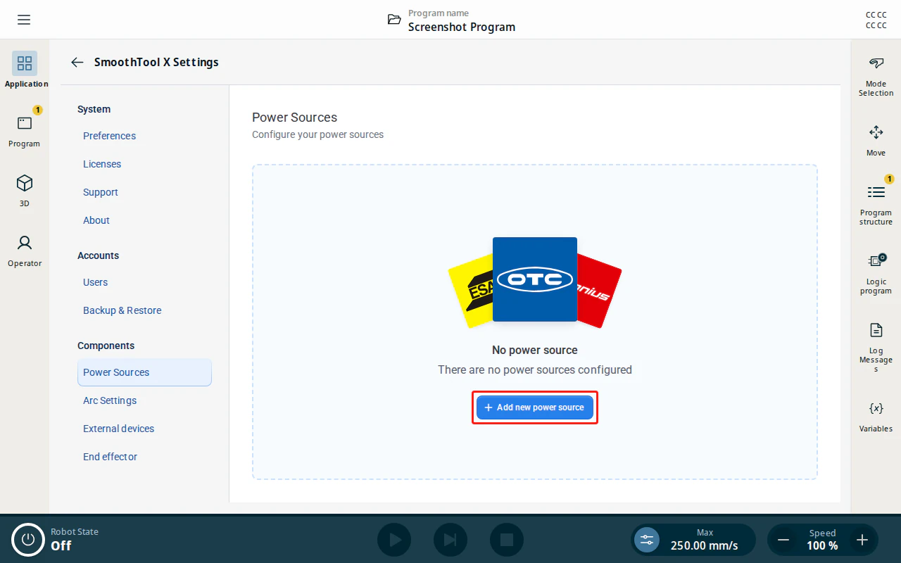 Power Sources page with the Add new power source button