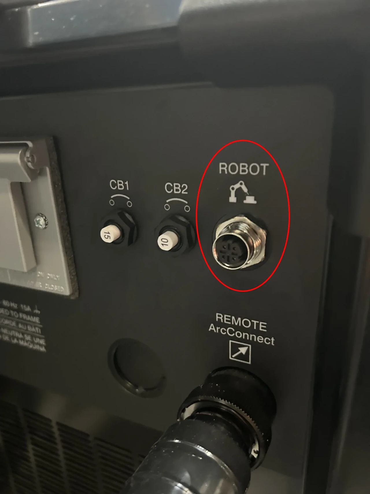 Back panel of the Miller Auto Deltaweld showing the Ethernet port used to connect to the robot