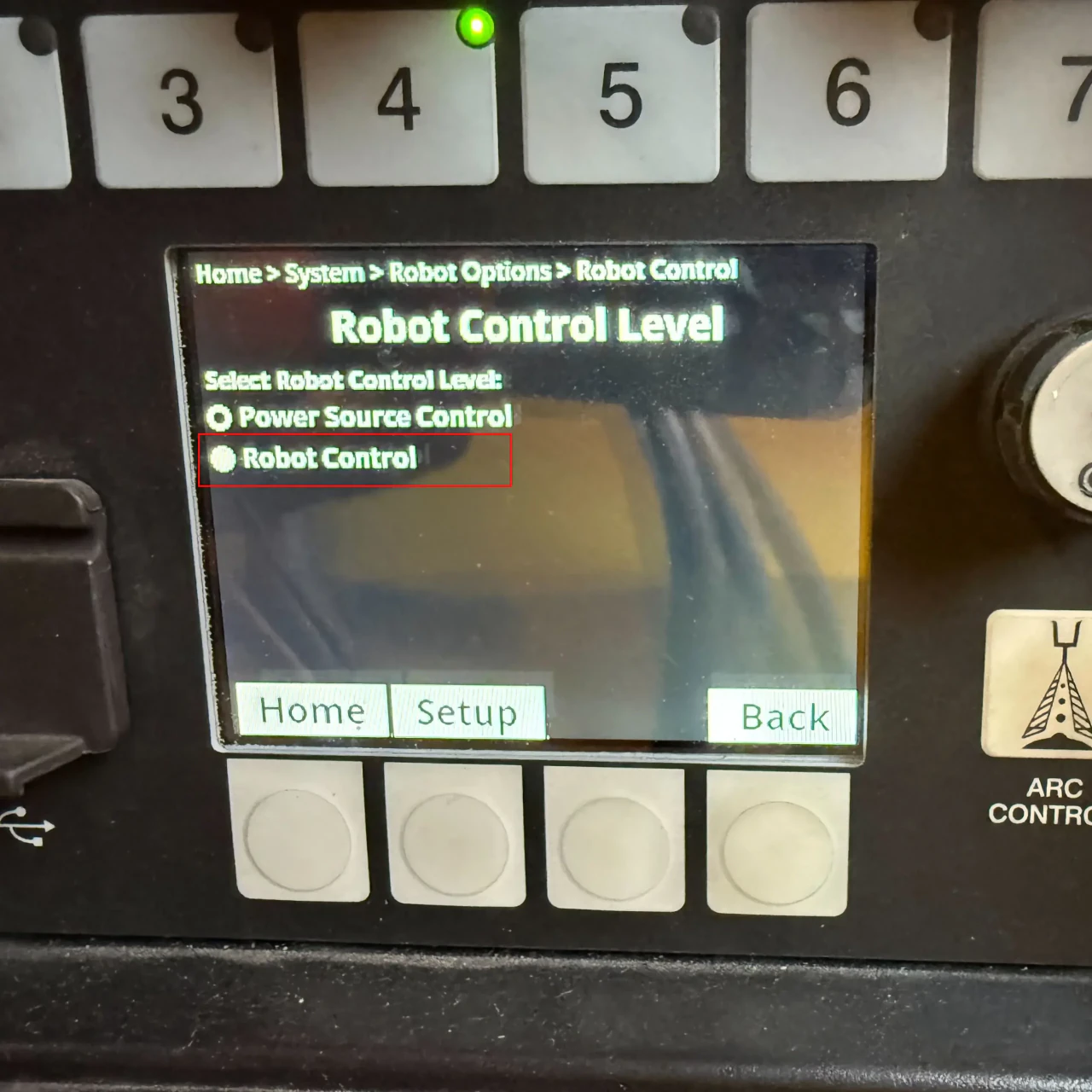 Robot Control Level screen with Robot Control selected